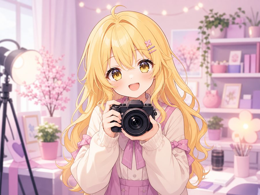 Kawaii anime-style girl with yellow hair holding a camera for photography and social website design
