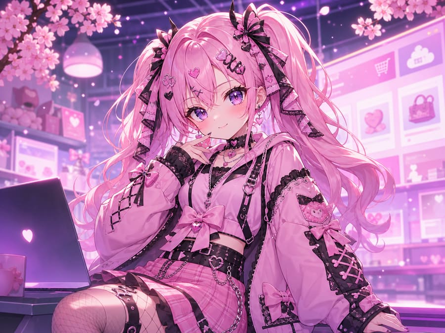 Original kawaii anime girl in a pink jirai kei outfit for an eshop and SaaS website concept