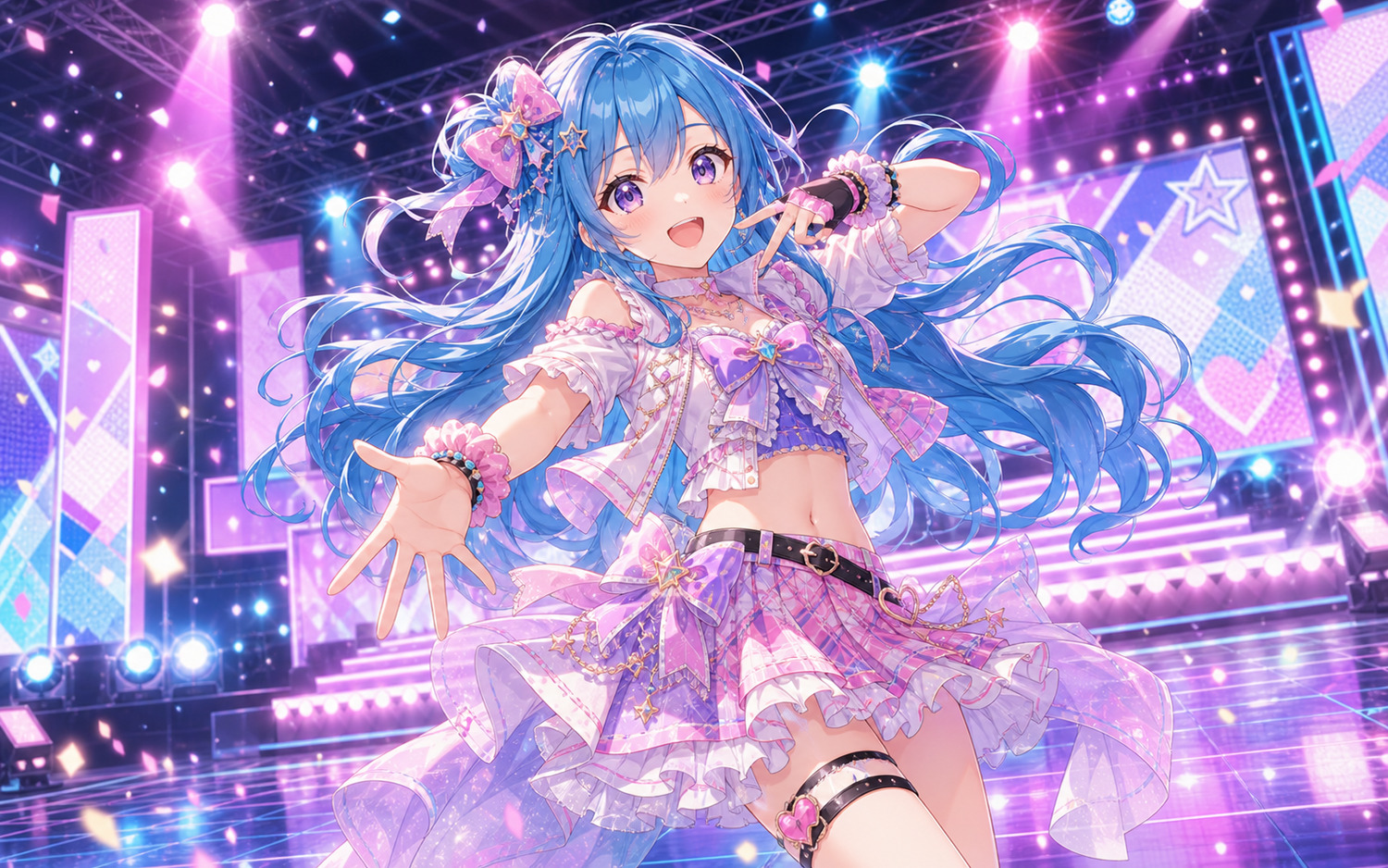 Original kawaii anime pop idol dancing on a bright concert stage