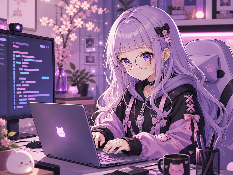 Original cute anime girl with lilac hair, baby bangs and glasses coding on a computer
